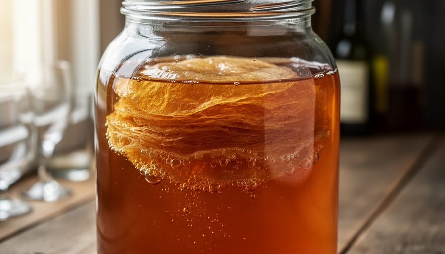 Macro close-up of a kombucha SCOBY pellicle floating on amber sweet tea in a glass jar, with warm blurred background elements.