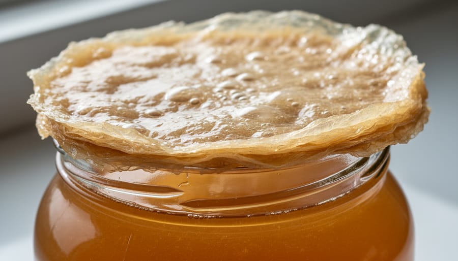 Macro close-up of a kombucha SCOBY pellicle floating in a glass jar of amber sweet tea