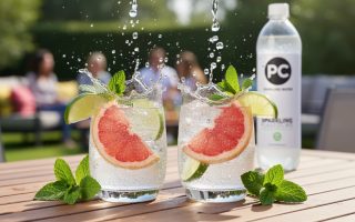 Close-up of bubbly citrus cocktails in clear glasses with lime wedges, grapefruit garnish, and mint on a patio table beside a sparkling water bottle.