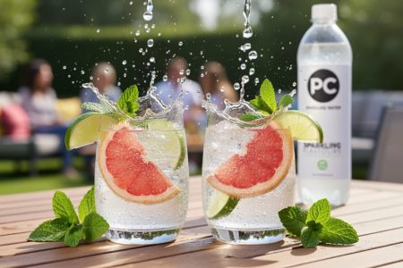 Close-up of bubbly citrus cocktails in clear glasses with lime wedges, grapefruit garnish, and mint on a patio table beside a sparkling water bottle.