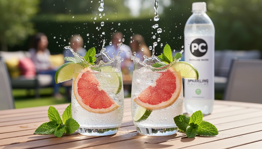 Close-up of bubbly citrus cocktails in clear glasses with lime wedges, grapefruit garnish, and mint on a patio table beside a sparkling water bottle.