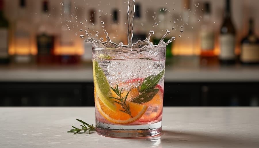 Close-up of hands pouring sparkling water over ice into a highball glass for a cocktail.