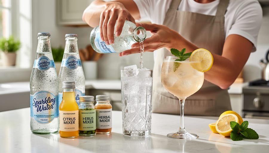 Person enjoying a sparkling water cocktail in a relaxed kitchen setting with a chilled pitcher and citrus garnish in view.