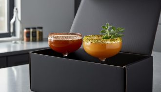 Delivery box open to reveal two savory cocktails with hojicha and pistachio garnishes, topped with small green herb sprigs on a modern countertop.