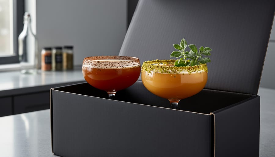 Delivery box open to reveal two savory cocktails with hojicha and pistachio garnishes, topped with small green herb sprigs on a modern countertop.
