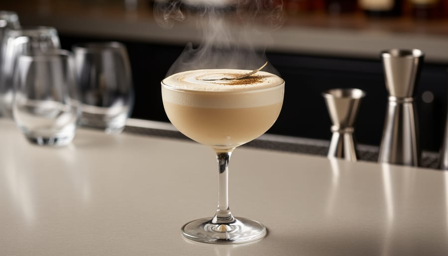 Roasted tea and a tea-colored cocktail in a glass with creamy foam and cocoa dusting on a countertop