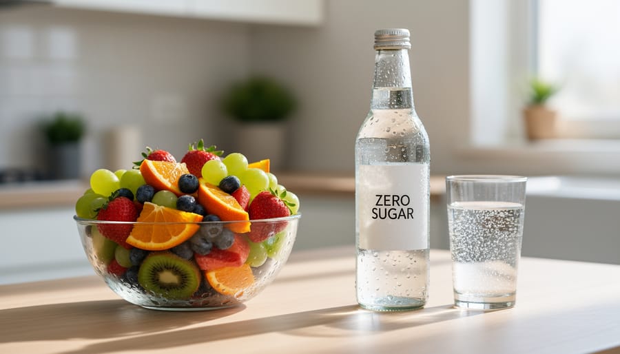 Person holding a zero-sugar soda can next to a countertop plate of fresh berries and citrus.
