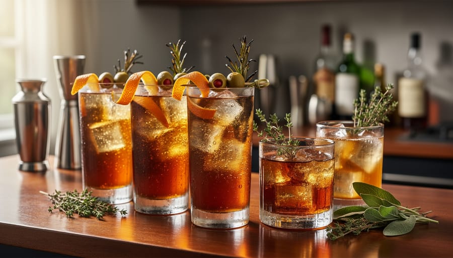 Close-up of an amber savory cocktail in a coupe glass with charred citrus peel garnish and herb sprigs