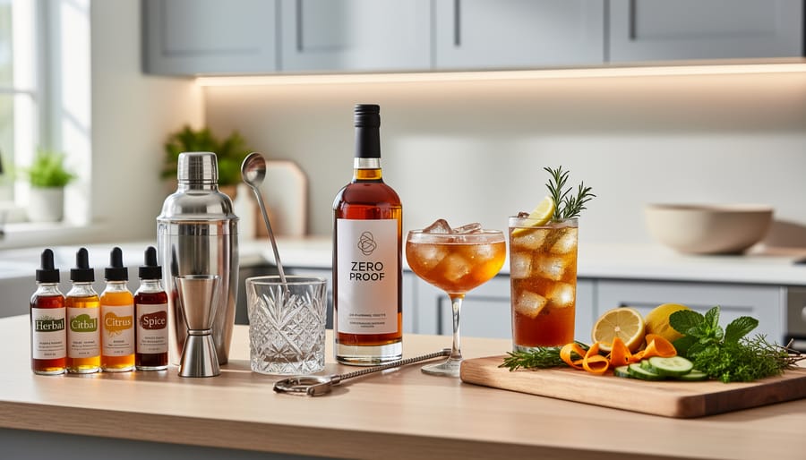Zero-proof cocktail kit on a kitchen table with a clear citrus tonic in a glass and botanical ingredients nearby