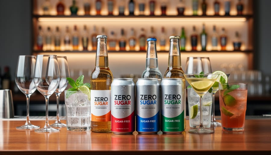 Zero-sugar sparkling drinks and two cocktail glasses on a bar counter with citrus garnishes.