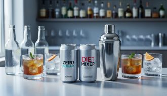 Close-up of a modern home bar counter with diet mixer and zero-sugar soda cans beside cocktail shaker and glasses, photographed in soft natural daylight.