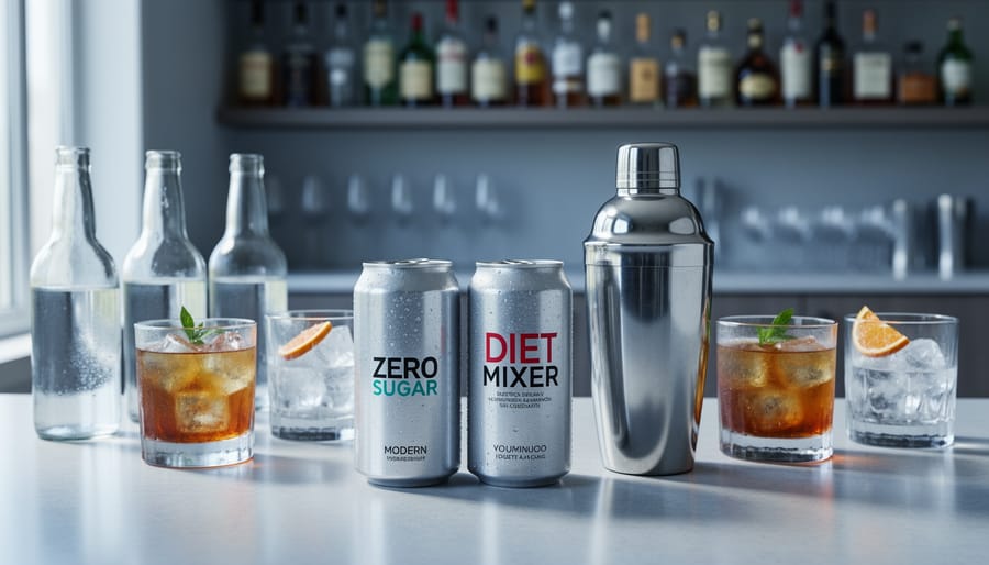 Close-up of a modern home bar counter with diet mixer and zero-sugar soda cans beside cocktail shaker and glasses, photographed in soft natural daylight.